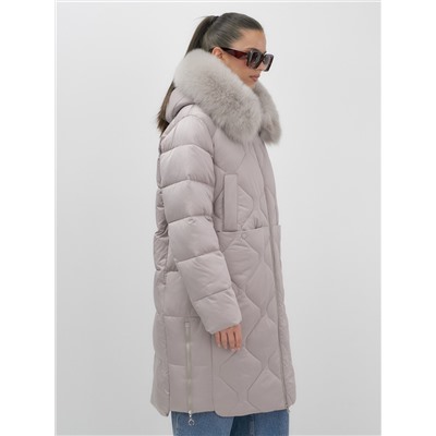 Пальто зимнее утепленное с мехом и капюшоном тренд светло-коричневого цвета 7753SK