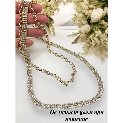 Пояс женский цепочка  дорожка со стразами трех рядная цвет золото модель 11