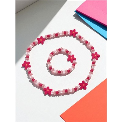 Набор детских украшений Выбражулька «Цветочки», 2 предмета: бусы, браслет d=6 см розовый