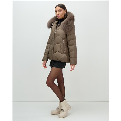 Куртка зимняя женская с мехом и капюшоном тренд коричневого цвета 7759K