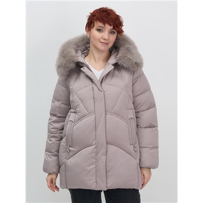 Куртка зимняя женская с мехом и капюшоном тренд светло-коричневого цвета 7656SK