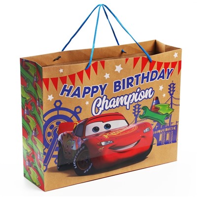 Пакет подарочный крафт «Happy Birthday, Champion»,40х31х11.5 см, Тачки