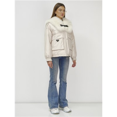 Куртка бомбер ангел с мехом песец премиум класса бежевого цвета 390_1B