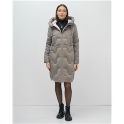 Пальто зимнее утепленное с капюшоном женское серого цвета 7638Sr