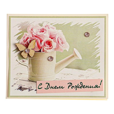 Открытка «С Днём Рождения!» ручная работа, розовые розы, 8×9 см