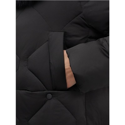 Пальто зимнее утепленное с мехом и капюшоном тренд черного цвета 7753Ch