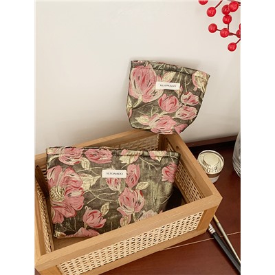 Capacious cosmetic bag, handheld organizer bag to go out, travel bag, liner, with embroidery, flowered, floral print