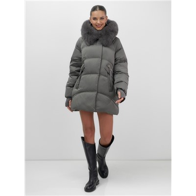 Куртка зимняя женская с мехом и капюшоном тренд темно-серого цвета 7658TC
