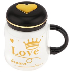 Кружка фарфоровая "Корона" 420мл, д9,1см h11см, глянцевая глазурь, деколь - микс с золотом, цвет - белый, пластмассовая, винтовая крышка, герметичная, с силиконовым уплотнителем, д/горла 6,3см, д/основания 7см, в подарочной коробке (Китай)