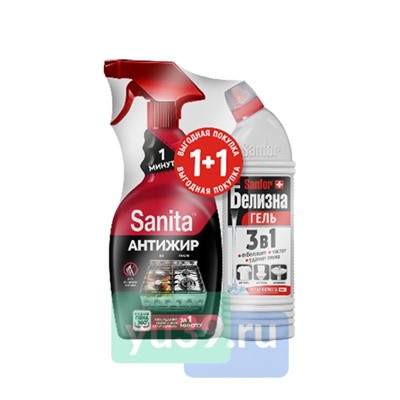 Набор Средство чистящее для кухни Sanita 1 минута, 500 мл + Средство с комплексным действием Sanfor  Белизна гель 450 г
