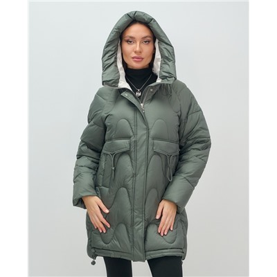 Куртка зимняя женская с капюшоном модная цвета хаки 7653Kh