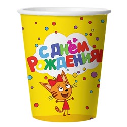 Стакан бумажный «Tpи кoта: С днём рождения!», жёлтый, 6 штук, 250 мл