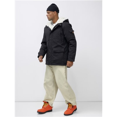 Парка мужская зимняя удлиненная с мехом черного цвета 8751Ch
