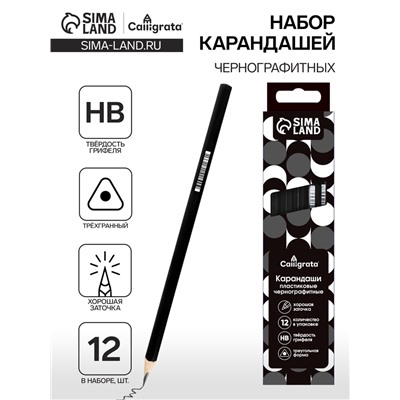 Набор карандашей чернографитных 12 штук, Calligrata Classic, заточенные, пластик, трехгранные, черные