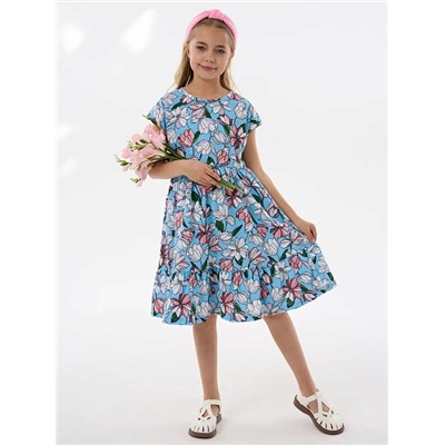 Детское платье "Ласточка" / Розовые тюльпаны на голубом
