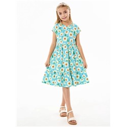 Детское платье "Ласточка" / Крупные ромашки на бирюзе