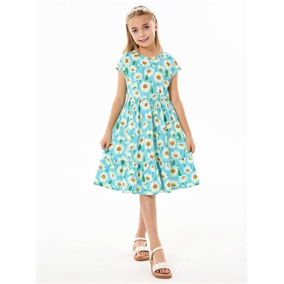 Детское платье "Ласточка" / Крупные ромашки на бирюзе