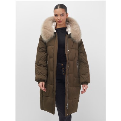 Пальто зимнее утепленное с мехом и капюшоном тренд горчичного цвета 7629G