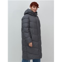 Пальто зимнее утепленное с капюшоном женское темно-серого цвета 7623TC