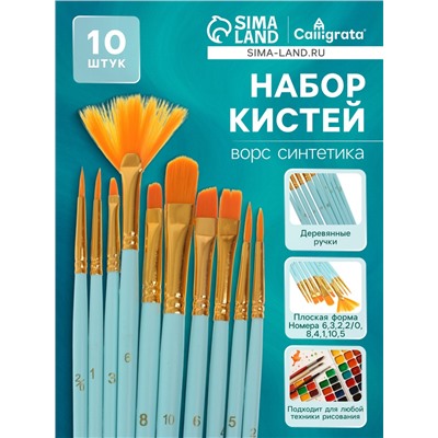 Набор кистей синтетика, 10 штук (№2/0,1,3,6,8,10,6,4,5,2), в блистере