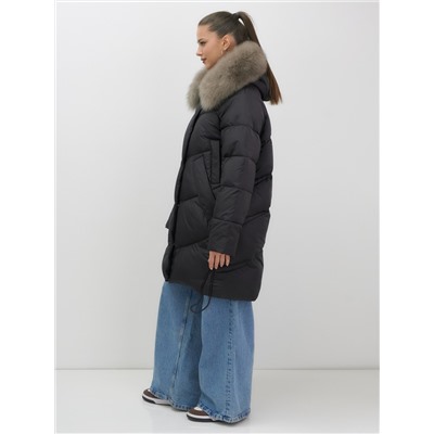 Пальто зимнее утепленное с мехом и капюшоном тренд черного цвета 7745Ch