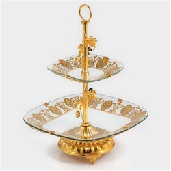 Этажерка-фруктовница квадратная, 2 яруса, 29×29 см, 17×17 см, высота 43 см, стекло, золотистая