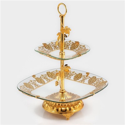 Этажерка-фруктовница квадратная, 2 яруса, 29×29 см, 17×17 см, высота 43 см, стекло, золотистая