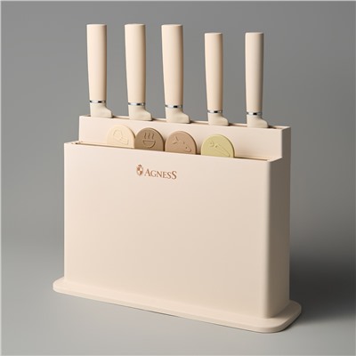 НАБОР AGNESS ИЗ 10ПР: 5 НОЖЕЙ, 4 ДОСКИ И ПОДСТАВКА, ЦВЕТ: БЕЖЕВЫЙ