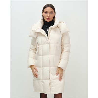 Пальто зимнее утепленное с капюшоном женское бежевого цвета 7700B