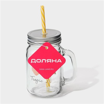 Кружка Доляна «Золотой фламинго», 450 мл, 10×7.5×13 см, с ручкой, крышкой и трубочкой, стекло, прозрачная