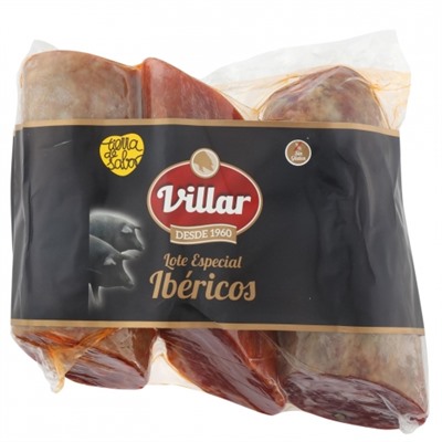 Lote especial de ibéricos: lomo de cebo ibérico 50% raza ibérica pieza de 275 g + chorizo cular ibérico pieza de 275 g + salchichón cular ibérico pieza de 275 g Villar sin gluten