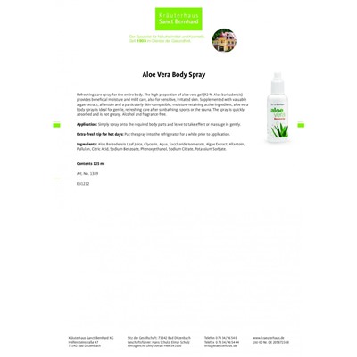 Kraueterhaus Sanct Bernhardt Aloe Vera Body Spray, 125 мл