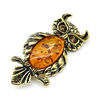 Брошь кулон с янтарем в металле Филин 27*55мм цв.коньячный