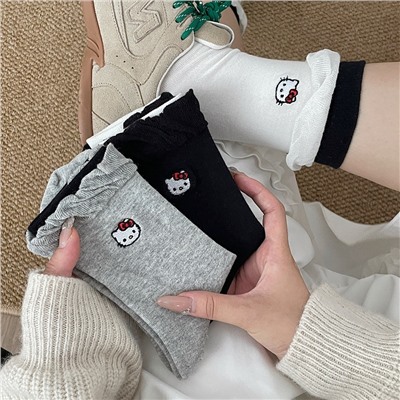 Cartoon cotton Japanese cute knee socks, mid-length, with embroidery