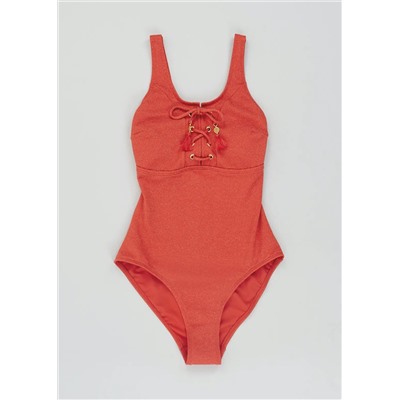 Longer Length Metallic Textured Lace Up Swimsuit
