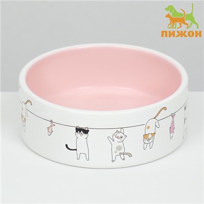 Миска керамическая "Весёлые котики",12,5 x 4,5 cм, 300 мл, белая/розовая