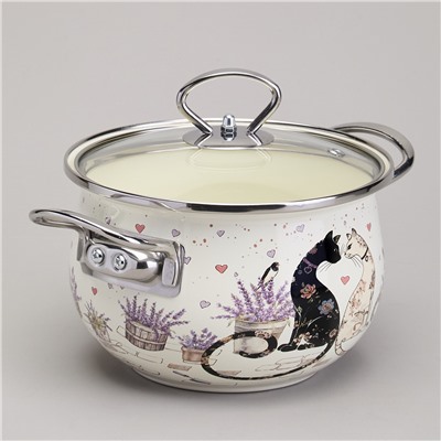 КАСТРЮЛЯ AGNESS ЭМАЛИРОВАННАЯ СО СТЕКЛЯННОЙ КРЫШКОЙ СЕРИЯ "LAVANDER CATS", 2,0 Л ДИА. 18СМ