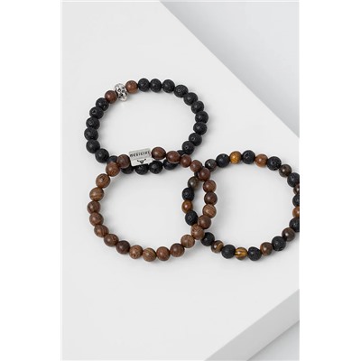 Bransoletki męskie z drewnem i kamieniami naturalnymi (3-pack) kolor multicolor