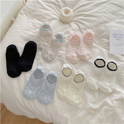 Breathable spring summer thin brand invisible socks with bow, non-slip gaiters, Korean style