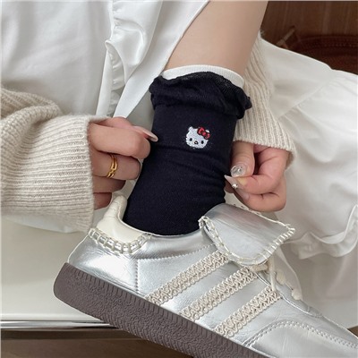 Cartoon cotton Japanese cute knee socks, mid-length, with embroidery