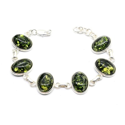 Браслет с янтарём в посеребрении 6 овалов 20*15мм зеленый, 21см