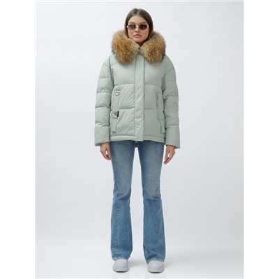 Куртка женская зимняя с мехом енот премиум класса зеленого цвета 3188Z