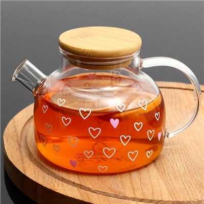 Чайник заварочный с бамбуковой крышкой «Сердечки», 600 мл
