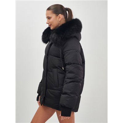 Куртка зимняя женская с мехом и капюшоном тренд черного цвета 7658Ch