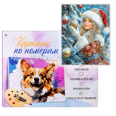 Холст с красками 40х50 по номерам "Внучка Деда Мороза" в коробке (30цв.)
