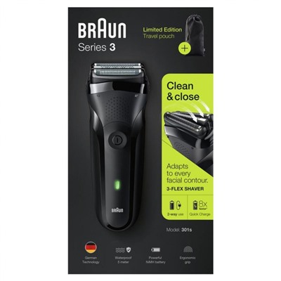 Braun Elektrischer Rasierer fur Manner quot;Series 3 301quot; in Schwarz + Reisebeutel  Электробритва для мужчин "Серия 3 301" в черном + дорожная сумка