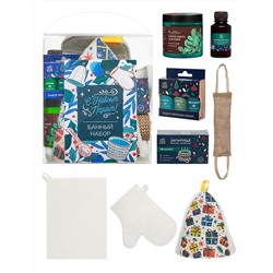 Набор для бани в коробке "Новогодний" (шапка, рукавица, коврик, мочалка,запарка, настой, масла,мыло)