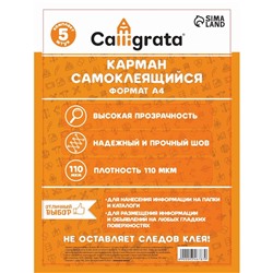 Карман самоклеящийся А4, 223×303 мм, комплект 5 штуки, Calligrata, 110 мкм, на лицевую сторону папок и любые гладкие поверхности