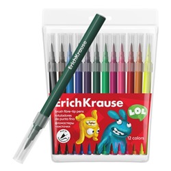 Фломастеры-кисточки 12 цветов ErichKrause «Jolly Friends Washable», в футляре с европодвесом