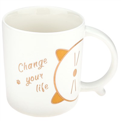 Кружка фарфоровая "Change your life" 400мл, д8,6см h10см, матовая глазурь, деколь с золотом, цвет - белый, д/горла 8,5см, д/основания 6,7см, в подарочной коробке (Китай)